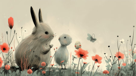 Rabbits are surrounded by three Easter eggs. The rabbits are sitting near the colorful eggs, creating a festive and cheerful scene.Generative AIの素材