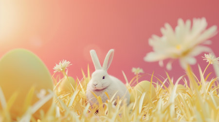 A rabbit sits next to a group of colorful Easter eggs of different sizes. Easter background. Generative AIの素材
