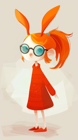 A cartoon girl wearing glasses and a vibrant red dress. She is standing with a cheerful expression, exuding confidence and intelligence. Generative AIの素材