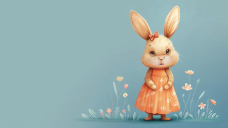 A painting featuring a rabbit dressed in a bright  dress. The easter rabbit is the main focal point, standing gracefully in the center of the image. Generative AIの素材