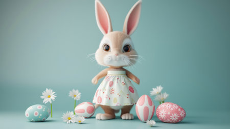 Cute Easter bunny in a dress. On a plain background with space for text. Generative AIの素材