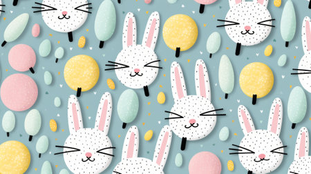 Colorful simple easter background. A collection of colorful eggs and delicate flowers, rabbits and chickens located on a white background. Generative AIの素材