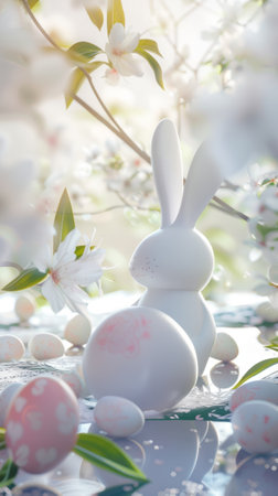 Easter background. A white rabbit sits next to a group of colorful Easter eggs of different sizes. Generative AIの素材