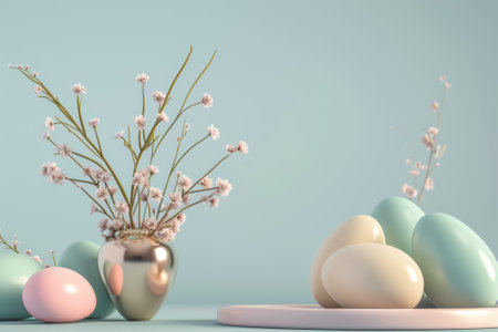 A plain background decorated with pink and white eggs and delicate flowers creates a festive and colorful Easter themed display. Eggs and flowers are arranged in a harmonious composition, symbolizing new life and growth. Generative AIの素材