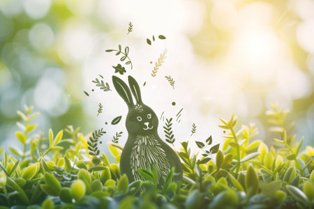 A rabbit sits in the grass near a pile of eggs, Easter celebration. Place for text. Generative AIの素材
