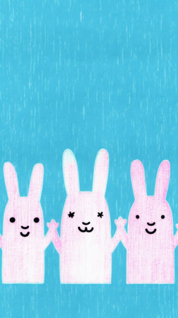 A group of white rabbits are gathered next to each other, displaying their fluffy fur and whiskers. The rabbits appear alert and curious, standing still in unity. Generative AIの素材