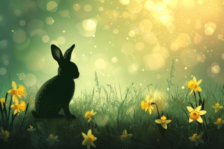 A rabbit sits in the grass near a pile of eggs, Easter celebration. Place for text. Generative AIの素材