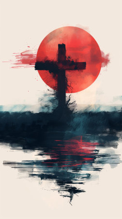 Painting depicts a cross standing boldly against a pure white background. The simplicity of the artwork draws attention to the intricate details of the cross, radiating a sense of faith and spirituality.. Generative AIの素材