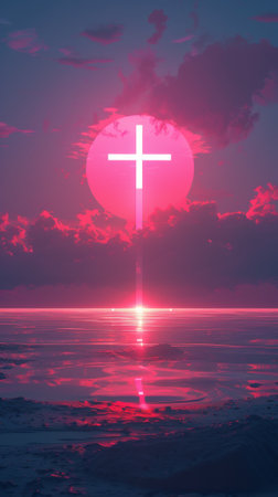 A cross stands prominently in the center of a cloudy sky, with rays of light breaking through the overcast weather, creating a solemn and dramatic scene. Generative AIの素材