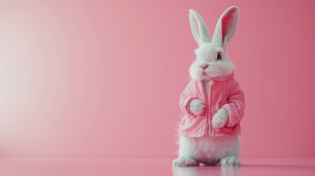 A cute rabbit is wearing a cozy pink sweater in front of a matching pink background. The bunny looks adorable and stylish in its  outfit. Generative AIの素材
