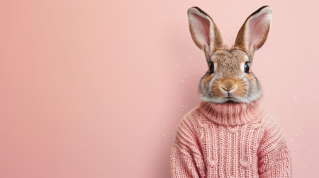 A cute rabbit is wearing a cozy pink sweater in front of a matching pink background. The bunny looks adorable and stylish in its  outfit. Generative AIの素材