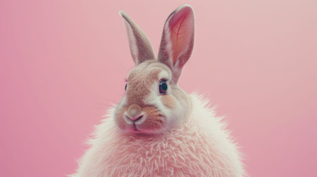 A cute rabbit is wearing a cozy pink sweater in front of a matching pink background. The bunny looks adorable and stylish in its  outfit. Generative AIの素材