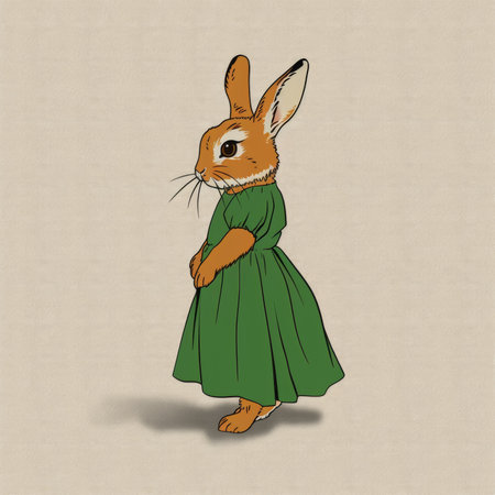 A detailed drawing of a rabbit wearing a green dress, standing upright. The rabbits fluffy tail is visible, and it has big expressive eyes. The dress has intricate patterns and details. Generative AIの素材