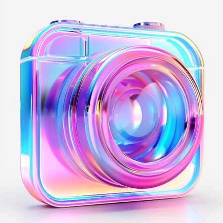 A multicolored camera sits against a white background, radiating hues of iridescent light and reflecting a magical aura. Generative AIの素材