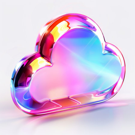 Iridescent holographic cloud icon casting vivid reflections on minimalist backdrop. Generative AIの素材
