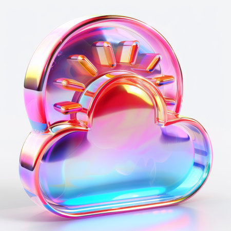 Iridescent holographic cloud icon casting vivid reflections on minimalist backdrop. Generative AIの素材