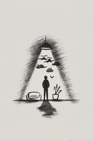 Flat design poster, Standing in the living room, haunted by memories of warの素材