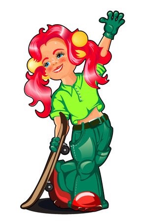 Cute little girl on the white background with skateの写真素材