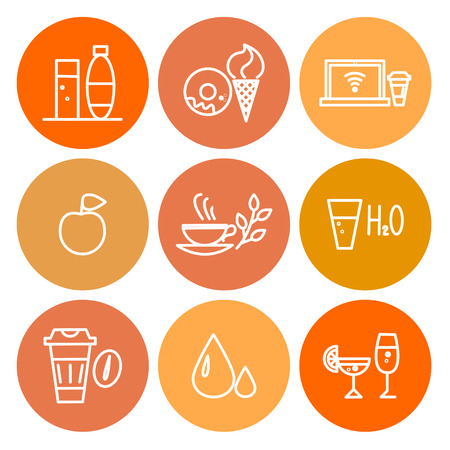 Vector colorful food icon set isolated on white background. Simple icon isolated, insignia, emblem, symbol, brand, thumbnail. Flat food icon concept for shops, coffee, restaurants, cards, banners.のイラスト素材