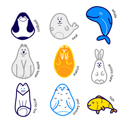 Vector Northern animal set isolated on white background. Flat simple pengiun, seal, whale, fish, polar bear, walrus, arctic hare, arctic fox, snowy owl silhouette.のイラスト素材