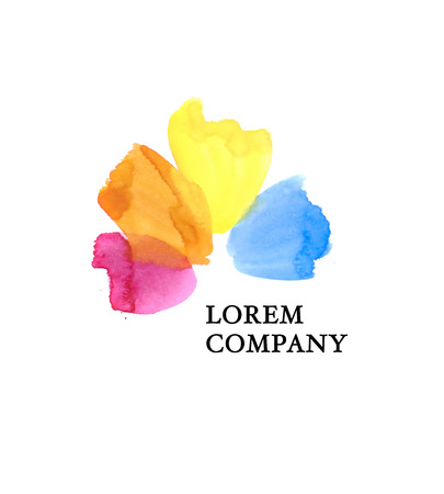 Watercolor artistic hand drawn logo with paint spots, drops isolated on white background. Ink drawing. Abstract flower logo.の写真素材