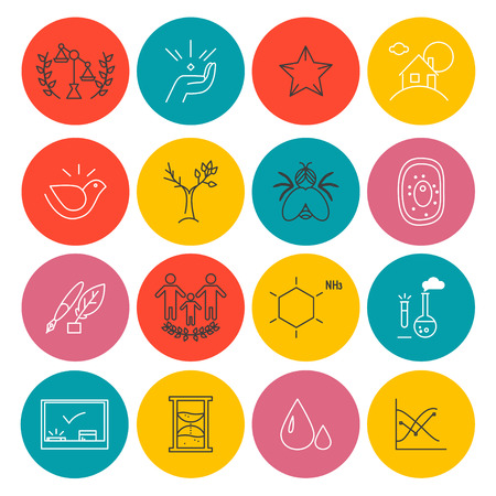 Vector colorful icons set isolated on white background. Flat icon set, logo, insignia, symbol, brand. Artistic icons for science, banking, ecology firm, organization, education, industrial element.のイラスト素材
