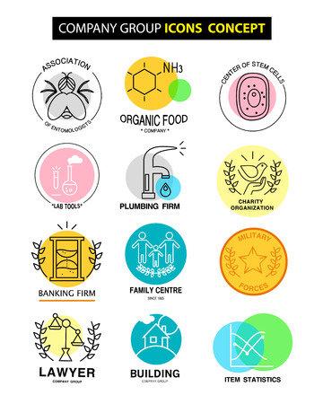 Vector company group icons concept isolated on white background. Flat icon set, logo, insignia, symbol, brand. Artistic collection for science, family clinic, banking firm, social organisation, laboratory, work.のイラスト素材