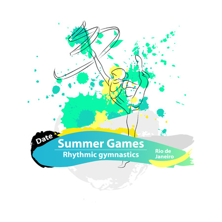 Vector artistic Rhythmic Gymnastic ribbon sketch. Hand drawn brush stroke paint drops template for summer game , graphic design, poster, banner, flayer, placard, competition. Art grange style.のイラスト素材