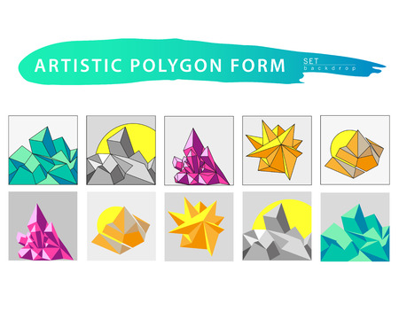 Vector artistic polygon backdrop form set. Art color geometric shape isolated on white background. Polygon flat illustration.のイラスト素材