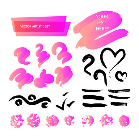 Vector artistic backdrop set isolated on white background. Art colorful design stroke collection. Abstract gradient backdrop sketch for lettering, card, banner, greetings, congratulation, celebration.のイラスト素材
