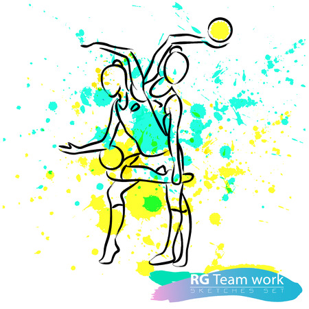 Vector artistic Rhythmic Gymnastic team sketch set. Hand drawn brush stroke paint drops, spot, sketching for graphic design, poster, banner, flayer, billboard, placard, card, competition. Ink style.のイラスト素材