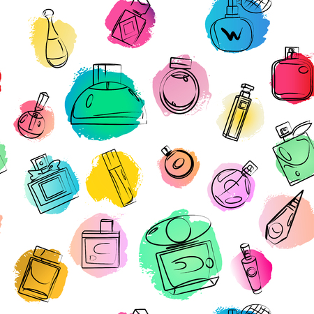 Vector artistic perfume seamless wallpaper on white background. Art design colorful paint drop wallpaper for package, illustration, perfume shop, card, backdrops, fashion magazine. Ink drawn.のイラスト素材