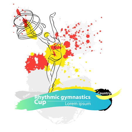 Vector artistic Rhythmic Gymnastic ribbon sketch banner. Hand drawn brush stroke paint drops, spot, sketching for graphic design, poster, banner, flayer, placard, card, competition. Art grange style.のイラスト素材