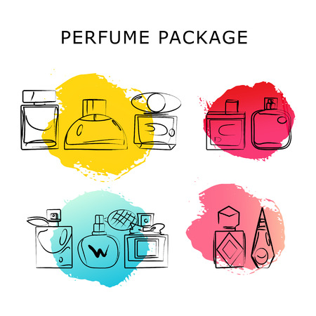 Vector artistic perfume package isolated on white background. Art colorful design paint drop collection for packing paper, illustration, perfume shop, card, backdrops, magazine. Ink drawn.のイラスト素材