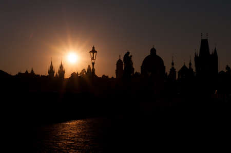 Silhouette the Old Town Bridge Tower of Charles Bridge in Prague the Czech Republic.の写真素材