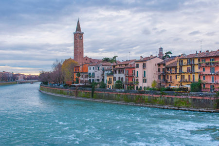 Colorful panoramic view of Verona and river Adige, Italy.