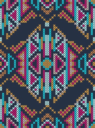vector illustration of cross-stitched ornament on blue cross-stiched puttern. Hand-made embroidery effectの写真素材
