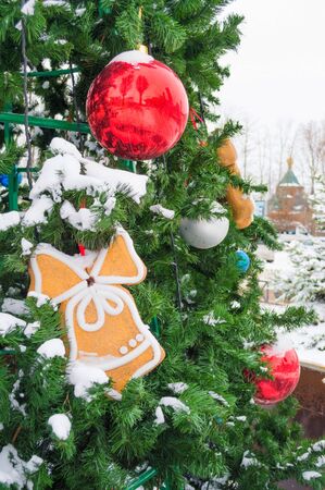 Christmas tree  in snow, with red toys and gingerbread, closeup. New Year cardの写真素材