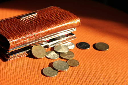 Wallet with coins on orange background. Brown open purse with Russian coinsの写真素材