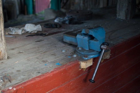 Vintage wooden workbench and carpentry toolの写真素材