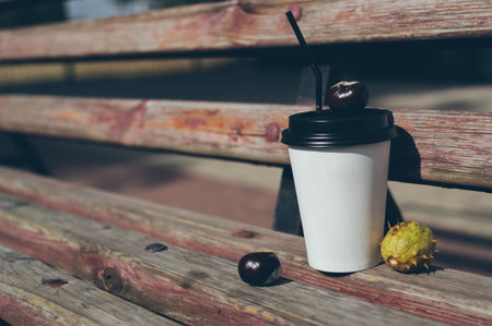 White paper cup of coffee and chestnut fruits on bench in sunlight, close up. Autumn resting in open airの写真素材