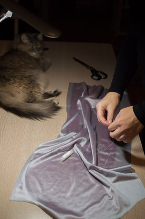 Dressmaker's hands sewing fabric with needle and thread, lying cat on table