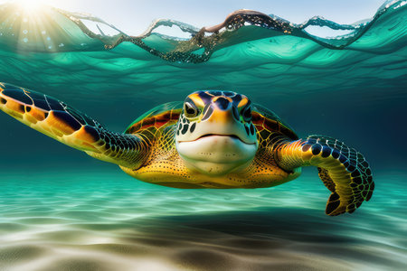 Green sea turtle swimming in the ocean. 3D render illustration.の素材