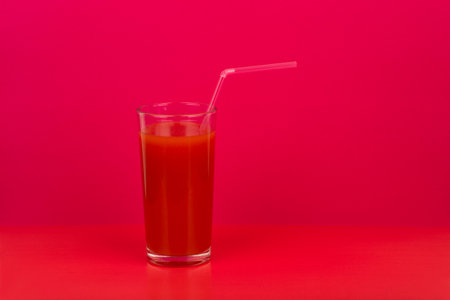 Tomato juice in a glass with a straw against red background with a space for textの写真素材