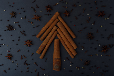 Christmas tree made of cinnamon sticks on black table decorated with with spices. Winter holidays and cooking conceptの写真素材