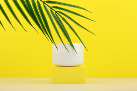 White cosmetic jar on yellow podium against yellow background with palm leaf and space for textの写真素材
