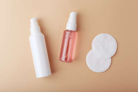 Top view of beauty products for make up removing on beige backgroundの写真素材