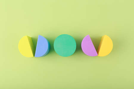 Trendy creative composition with multicolored circles against light green background. Concept of template for website, banner, invitation or flyerの写真素材