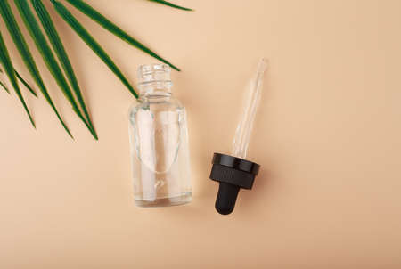 Simple elegant flat lay with opened skin serum or oil bottle on pastel beige background with palm leaf. Concept of anti aging or luxury skin treatmentの写真素材