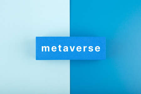 Metaverse modern minimal concept in blue colors. Written metaverse single word on blue rectangle against blue background. Future technologies.の写真素材
